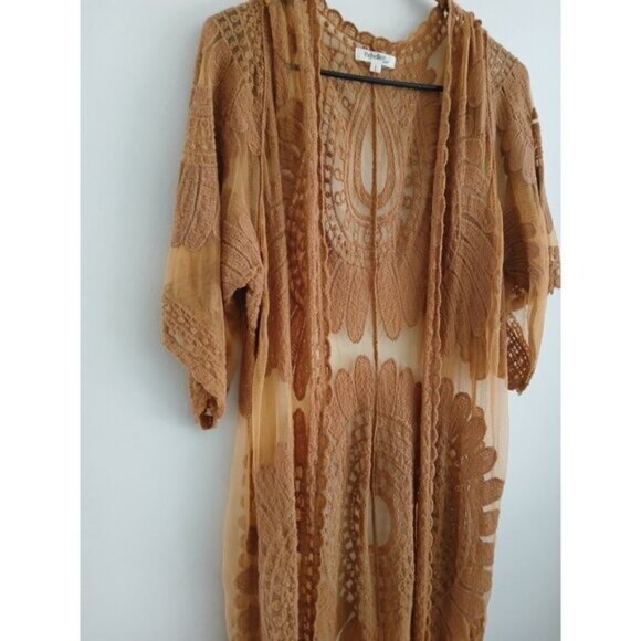 Rebellion Womens L Kimono Duster Brown Open Front Short Sleeve Boho Mesh Top - Picture 3 of 7